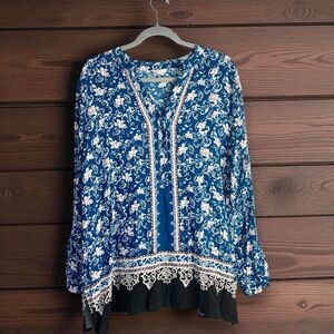 Cato Peasant Tunic Top 14W/16W  Blue Boho Chic Cottagecore Fall Ready Tab Sleeve